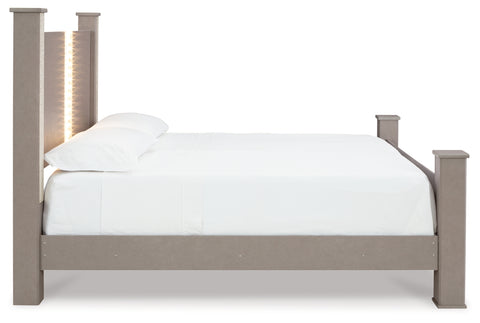 Surancha King Poster Bed with Mirrored Dresser, Chest and Nightstand