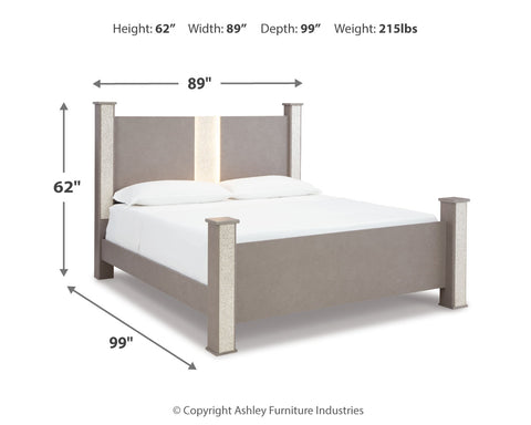 Surancha King Poster Bed with Mirrored Dresser, Chest and Nightstand