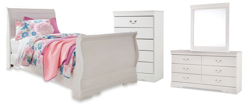 Anarasia Twin Sleigh Bed with Mirrored Dresser and Chest
