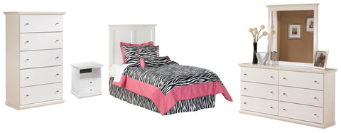 Bostwick Shoals Twin Panel Headboard Bed with Mirrored Dresser, Chest and Nightstand