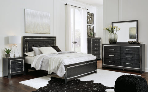 Kaydell Queen/Full Upholstered Panel Headboard Bed with Mirrored Dresser and 2 Nightstands