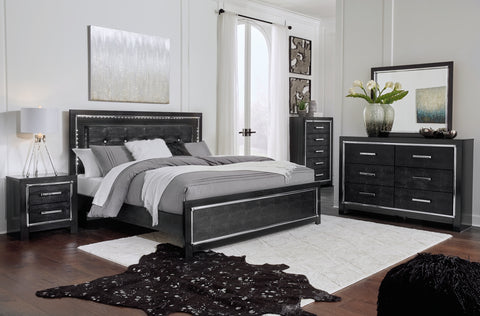 Kaydell King/California King Upholstered Panel Headboard Bed with Mirrored Dresser and 2 Nightstands