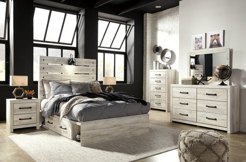 Cambeck Full Panel Bed with 2 Storage Drawers with Mirrored Dresser, Chest and Nightstand