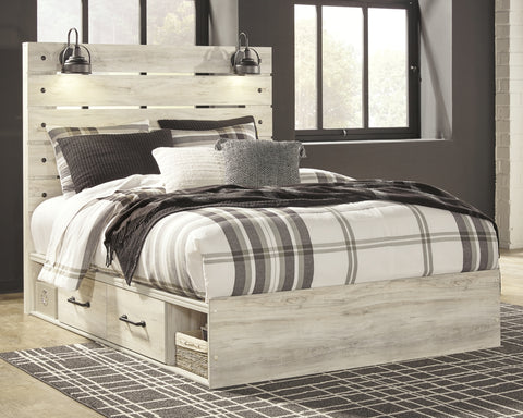 Cambeck Queen Panel Bed with 2 Storage Drawers with Mirrored Dresser and Chest