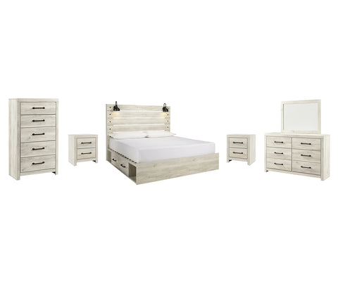 Cambeck King Panel Bed with 2 Storage Drawers with Mirrored Dresser, Chest and 2 Nightstands