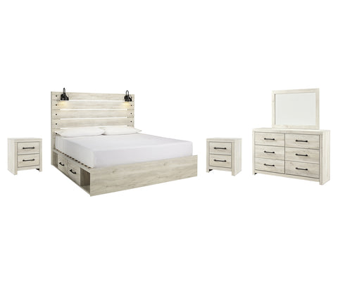 Cambeck King Panel Bed with 2 Storage Drawers with Mirrored Dresser and 2 Nightstands