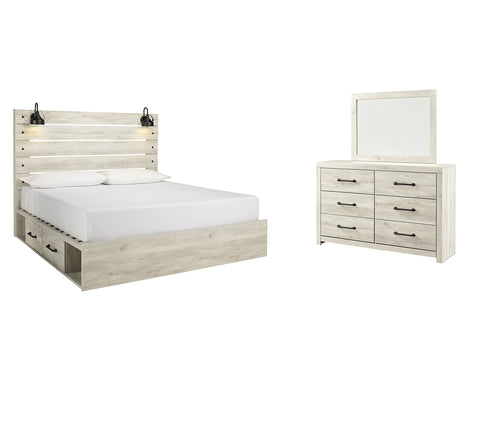 Cambeck King Panel Bed with 2 Storage Drawers with Mirrored Dresser