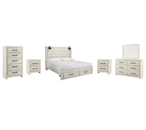 Cambeck King Panel Bed with 2 Storage Drawers with Mirrored Dresser, Chest and 2 Nightstands