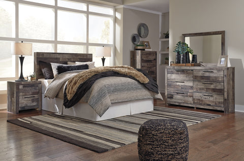 Derekson Queen/Full Panel Headboard Bed with Mirrored Dresser, Chest and Nightstand