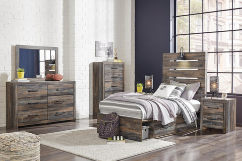 Drystan Twin Panel Headboard Bed with Mirrored Dresser, Chest and 2 Nightstands