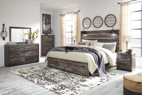 Drystan King Panel Bed with Storage with Mirrored Dresser, Chest and 2 Nightstands