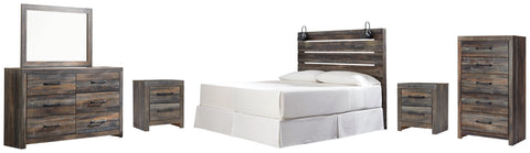 Drystan King Panel Headboard Bed with Mirrored Dresser, Chest and 2 Nightstands