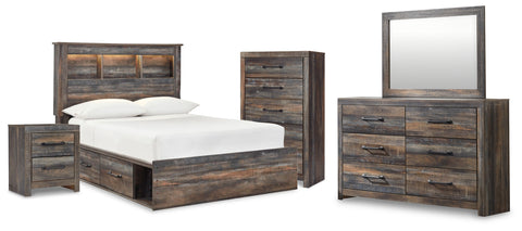 Drystan Full Bookcase Bed with 2 Storage Drawers with Mirrored Dresser, Chest and Nightstand