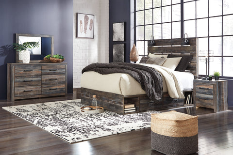 Drystan Queen Panel Bed with 4 Storage Drawers with Mirrored Dresser, Chest and 2 Nightstands