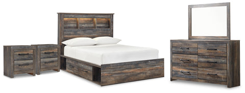 Drystan Full Bookcase Bed with 2 Storage Drawers with Mirrored Dresser and 2 Nightstands