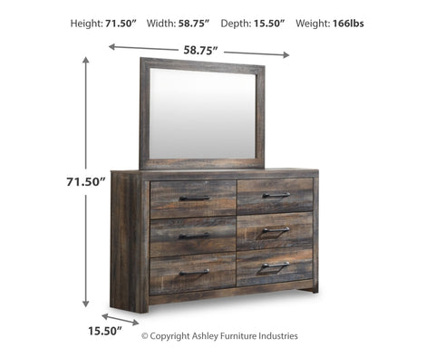 Drystan Queen Panel Bed with 2 Storage Drawers with Mirrored Dresser