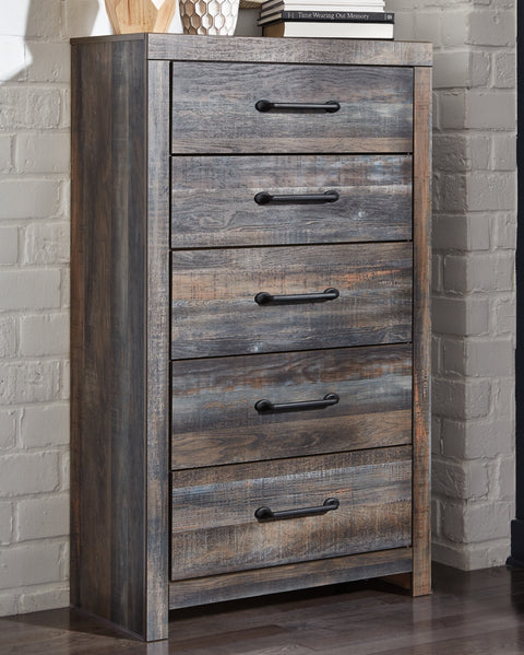 Drystan Queen Panel Bed with 4 Storage Drawers with Mirrored Dresser, Chest and Nightstand