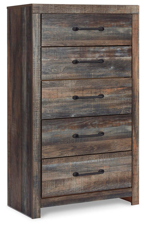 Drystan King Panel Headboard Bed with Mirrored Dresser, Chest and 2 Nightstands