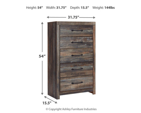 Drystan King Panel Headboard Bed with Mirrored Dresser, Chest and Nightstand