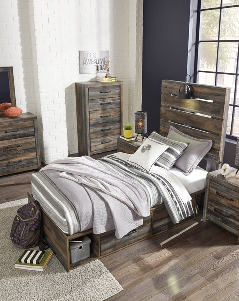 Drystan Full Panel Bed with 4 Storage Drawers with Mirrored Dresser, Chest and Nightstand