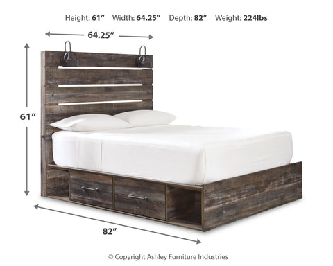 Drystan Queen Panel Bed with 2 Storage Drawers with Mirrored Dresser