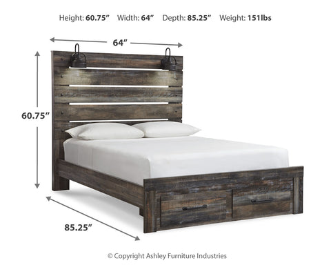 Drystan Queen Panel Bed with 2 Storage Drawers with Mirrored Dresser