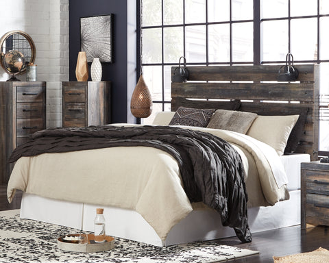Drystan King Panel Headboard Bed with Mirrored Dresser, Chest and 2 Nightstands