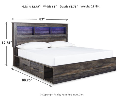 Drystan King Bookcase Bed with 4 Storage Drawers with Mirrored Dresser and 2 Nightstands