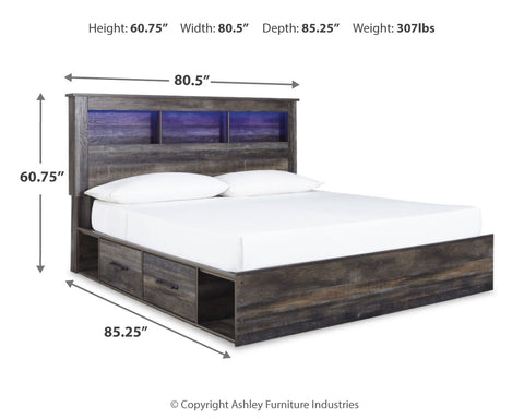 Drystan King Bookcase Bed with 4 Storage Drawers with Mirrored Dresser and 2 Nightstands