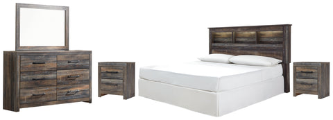 Drystan King/California King Bookcase Headboard Bed with Mirrored Dresser and 2 Nightstands