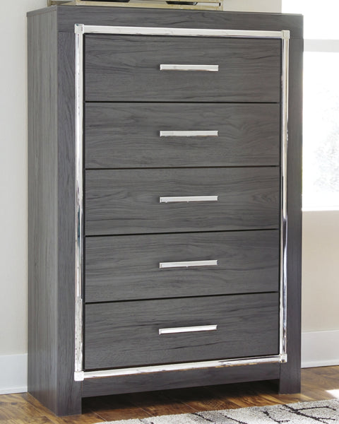 Lodanna Full Upholstered Panel Headboard Bed with Mirrored Dresser, Chest and Nightstand