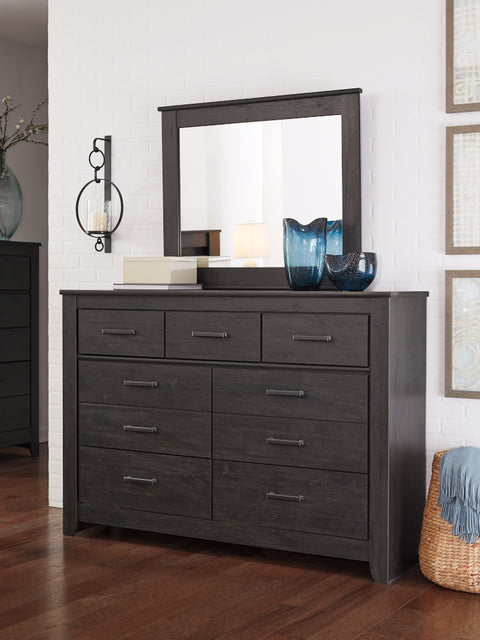 Brinxton King/California King Panel Headboard Bed with Mirrored Dresser, Chest and Nightstand