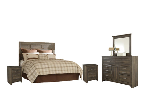 Juararo Queen Panel Headboard Bed with Mirrored Dresser and 2 Nightstands