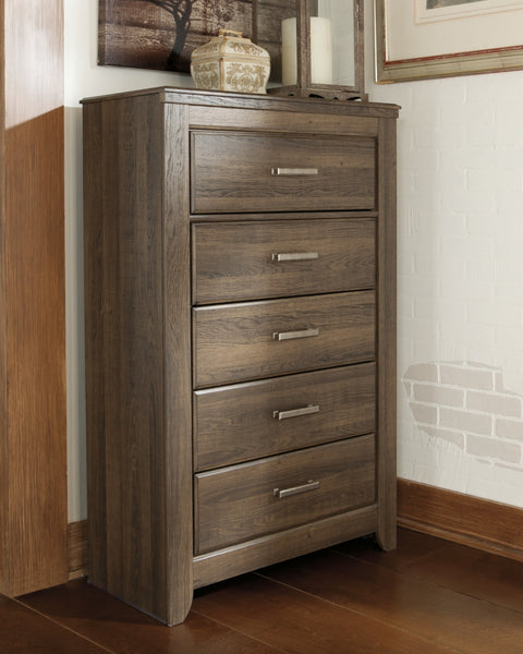 Juararo Queen Panel Headboard Bed with Mirrored Dresser and Chest