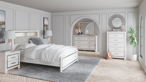 Altyra Queen Bookcase Headboard Bed with Mirrored Dresser, Chest and 2 Nightstands
