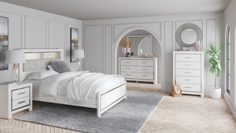 Altyra Queen Bookcase Headboard Bed with Mirrored Dresser, Chest and 2 Nightstands