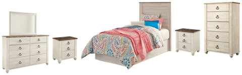 Willowton Twin Panel Headboard Bed with Mirrored Dresser, Chest and 2 Nightstands