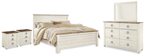 Willowton California King Panel Bed with Mirrored Dresser and 2 Nightstands