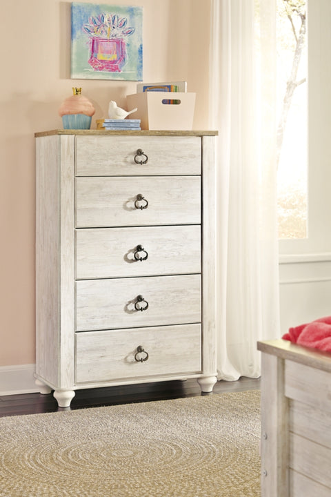 Willowton Twin Panel Headboard Bed with Mirrored Dresser, Chest and Nightstand