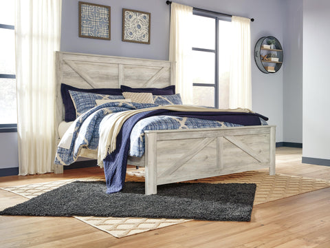 Bellaby King Crossbuck Panel Bed with Mirrored Dresser and Chest