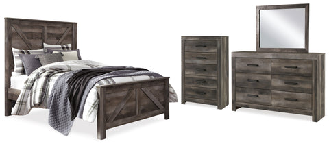 Wynnlow Queen Crossbuck Panel Bed with Mirrored Dresser and Chest