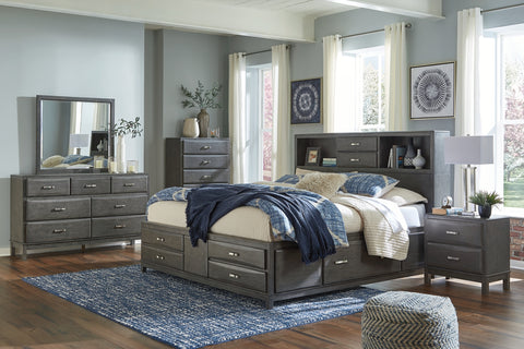 Caitbrook King Storage Bed with 8 Storage Drawers with Mirrored Dresser and 2 Nightstands