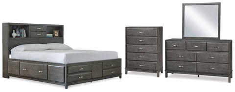 Caitbrook Queen Storage Bed with 8 Storage Drawers with Mirrored Dresser and Chest