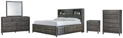 Caitbrook King Storage Bed with 8 Storage Drawers with Mirrored Dresser, Chest and Nightstand
