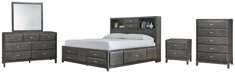 Caitbrook King Storage Bed with 8 Storage Drawers with Mirrored Dresser, Chest and Nightstand