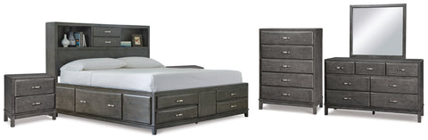 Caitbrook King Storage Bed with 8 Storage Drawers with Mirrored Dresser, Chest and 2 Nightstands