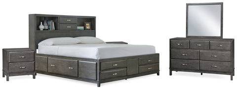 Caitbrook King Storage Bed with 8 Storage Drawers with Mirrored Dresser and 2 Nightstands