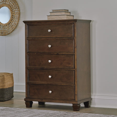 Danabrin California King Panel Bed with Mirrored Dresser, Chest and 2 Nightstands