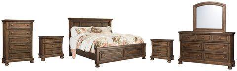 Flynnter California King Panel Bed with 2 Storage Drawers with Mirrored Dresser, Chest and 2 Nightstands