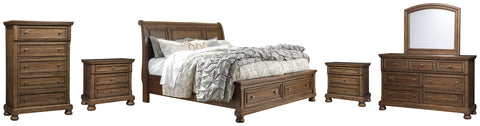 Flynnter California King Sleigh Bed with 2 Storage Drawers with Mirrored Dresser, Chest and 2 Nightstands